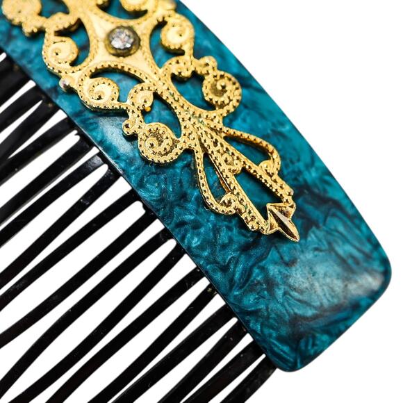 Vintage 30s–50s French Hair Comb Teal Marbled Acetate Applied Filigree - Picture 2 of 7